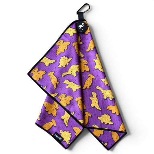 Purple Dino Chicken Nugget Golf Towel | 24” x 16” Microfiber Towel | Magnetic Clip & Carabiner | Premium Golf Accessory