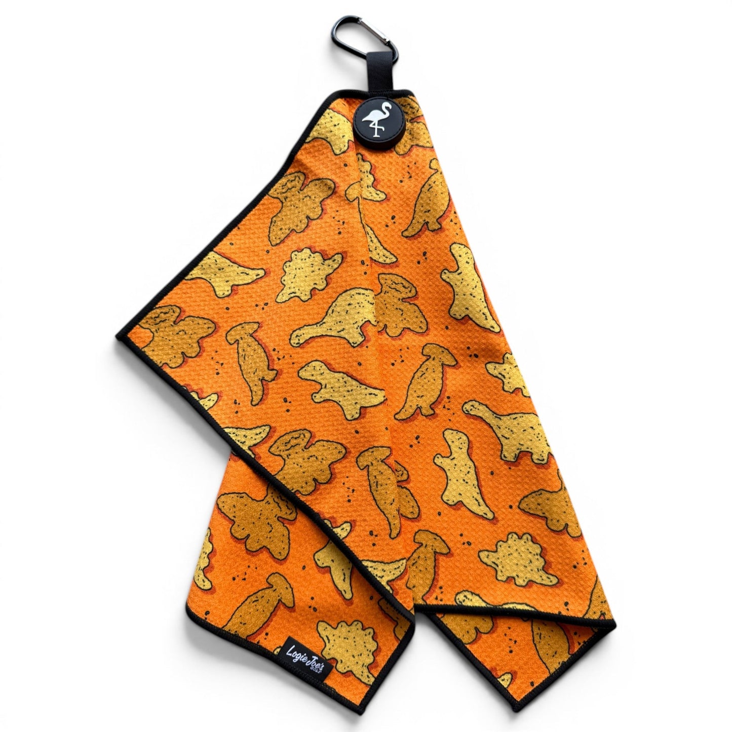Orange Dino Chicken Nugget Golf Towel | 24” x 16” Microfiber Towel | Magnetic Clip & Carabiner | Premium Golf Accessory