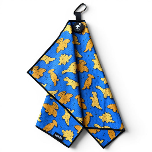 Blue Dino Chicken Nugget Golf Towel | 24” x 16” Microfiber Towel | Magnetic Clip & Carabiner | Premium Golf Accessory
