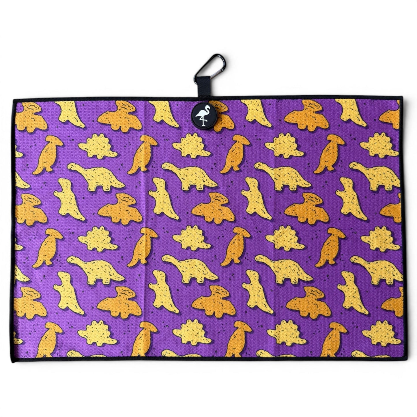 Purple Dino Chicken Nugget Golf Towel | 24” x 16” Microfiber Towel | Magnetic Clip & Carabiner | Premium Golf Accessory