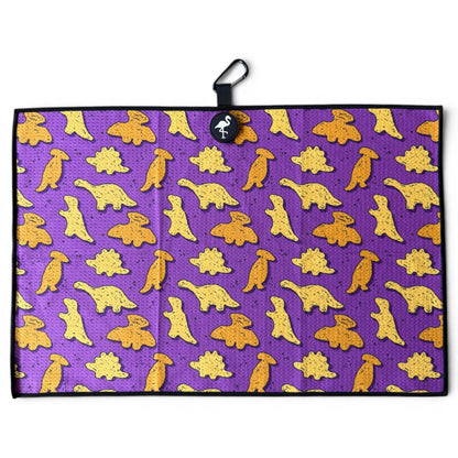 Purple Dino Chicken Nugget Golf Towel | 24” x 16” Microfiber Towel | Magnetic Clip & Carabiner | Premium Golf Accessory