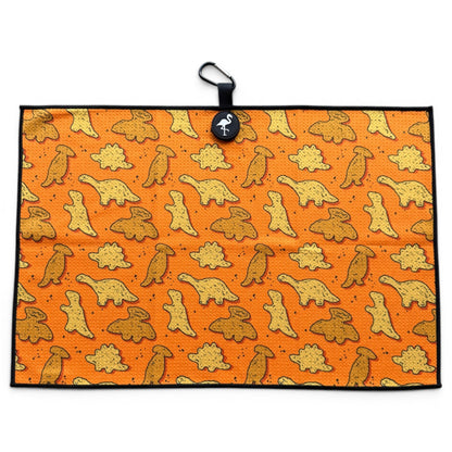 Orange Dino Chicken Nugget Golf Towel | 24” x 16” Microfiber Towel | Magnetic Clip & Carabiner | Premium Golf Accessory