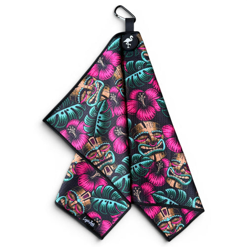 Tiki Totem Golf Towel | 24” x 16” Microfiber Towel | Magnetic Clip & Carabiner | Premium Golf Accessory