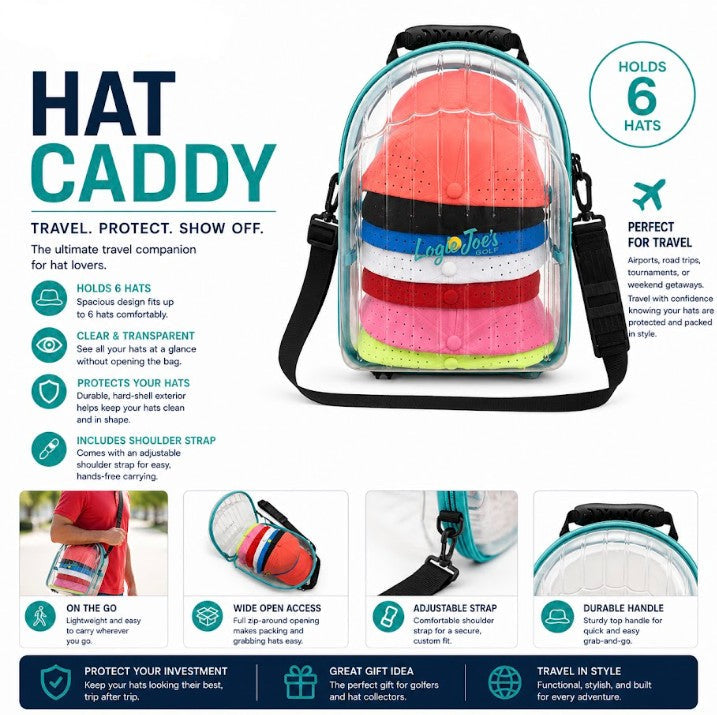 Hat Caddy Travel Case | Hard Shell Hat Carrier Holds Up to 6 Hats | Clear Protective Hat Storage Case with Adjustable Shoulder Strap