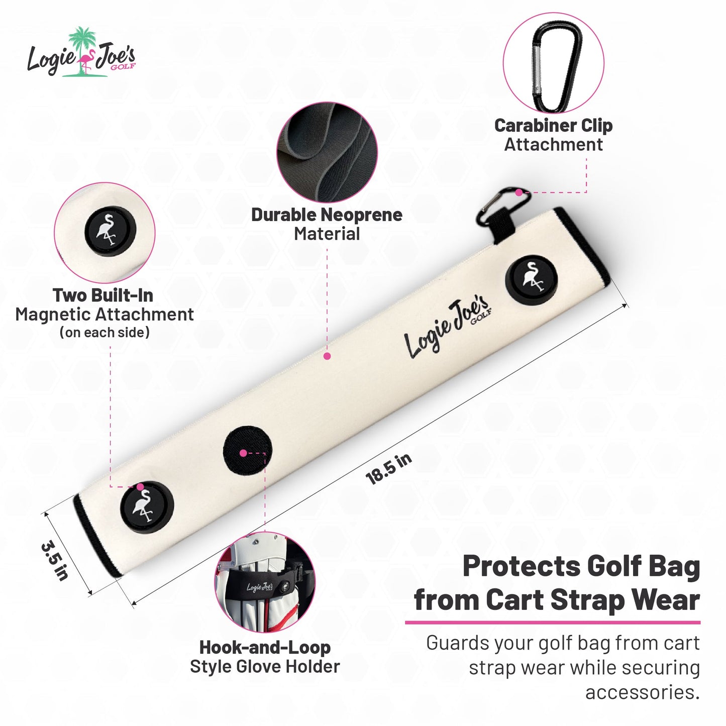 Black Magnetic Golf Cart Strap Sleeve | Neoprene Rubber | Dual Accessory Magnets | Glove Holder | Carabiner Bag Attachment | 18.5 x 3.5 in