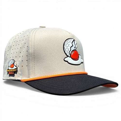 Breakfast Ball Golf Hat | Snapback Cap | Built-in Magnetic Ball Marker Holder + Marker Included | Breakfast Ball | Adjustable | Mulligan Tan