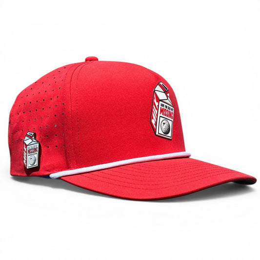 Missing Milk Golf Hat | Snapback Cap | Built-in Magnetic Ball Marker Holder + Marker Included | Missing Golf Ball | Adjustable Red