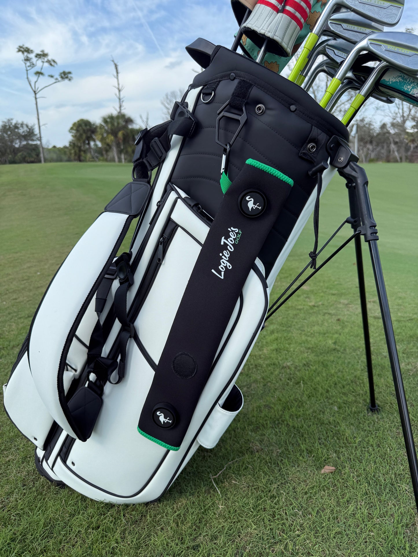 Black/Green Magnetic Golf Cart Strap Sleeve | Neoprene Rubber | Dual Accessory Magnets | Glove Holder | Carabiner Bag Attachment | 18.5 x 3.5 in