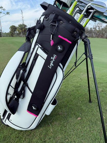 Black/Pink Magnetic Golf Cart Strap Sleeve | Neoprene Rubber | Dual Accessory Magnets | Glove Holder | Carabiner Bag Attachment | 18.5 x 3.5 in