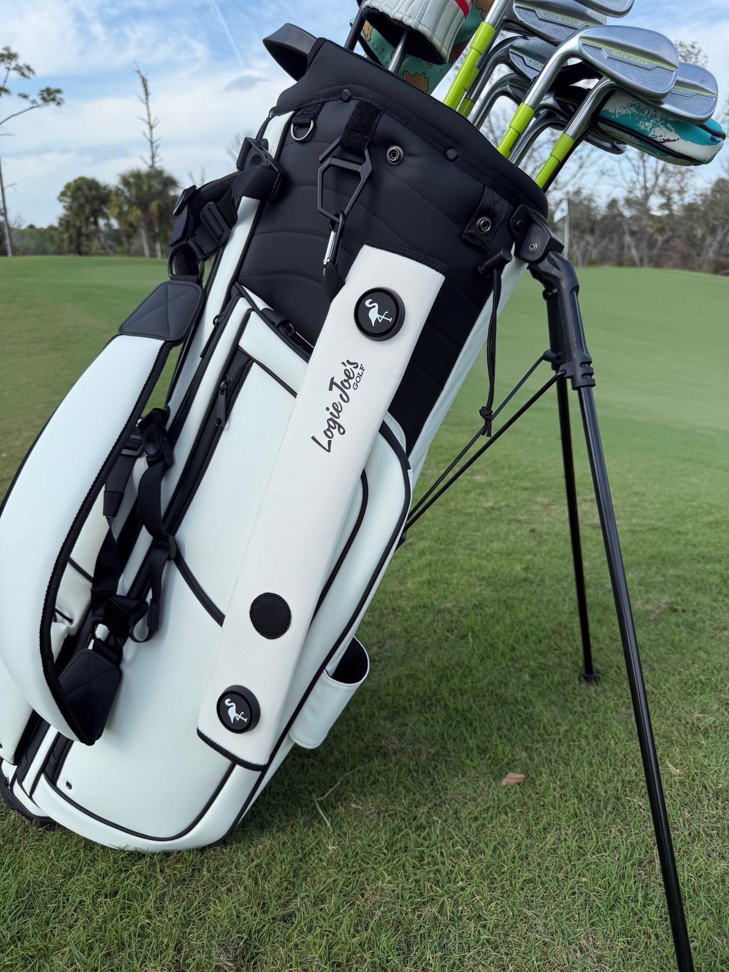 White Magnetic Golf Cart Strap Sleeve | Neoprene Rubber | Dual Accessory Magnets | Glove Holder | Carabiner Bag Attachment | 18.5 x 3.5 in | White