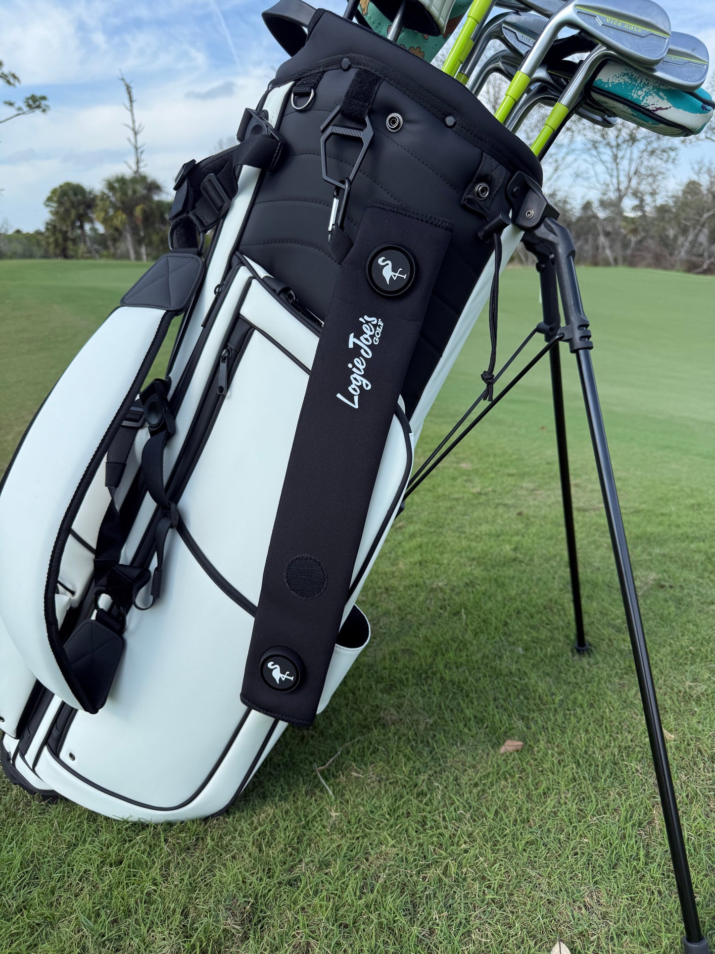Black Magnetic Golf Cart Strap Sleeve | Neoprene Rubber | Dual Accessory Magnets | Glove Holder | Carabiner Bag Attachment | 18.5 x 3.5 in