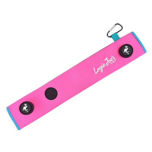 Pink/Teal Magnetic Golf Cart Strap Sleeve | Neoprene Rubber | Dual Accessory Magnets | Glove Holder with Velcro | Carabiner Bag Attachment | 18.5 x 3.5 in