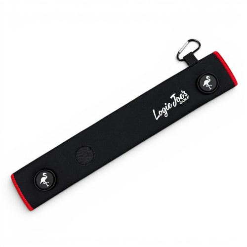 Black/Red Magnetic Golf Cart Strap Sleeve | Neoprene Rubber | Dual Accessory Magnets | Glove Holder with Velcro | Carabiner Bag Attachment | 18.5 x 3.5 in