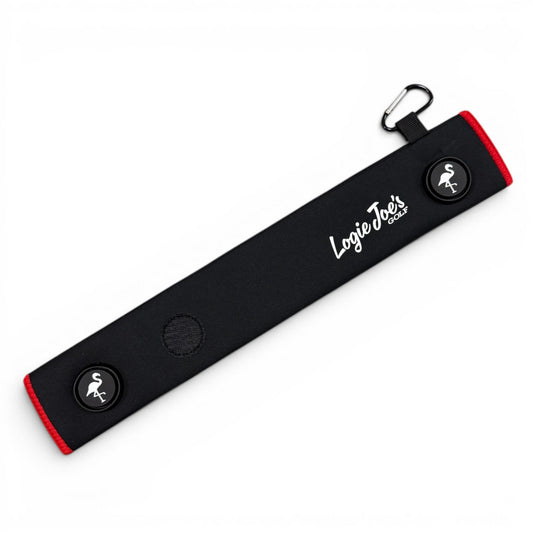 Black/Red Magnetic Golf Cart Strap Sleeve | Neoprene Rubber | Dual Accessory Magnets | Glove Holder with Velcro | Carabiner Bag Attachment | 18.5 x 3.5 in