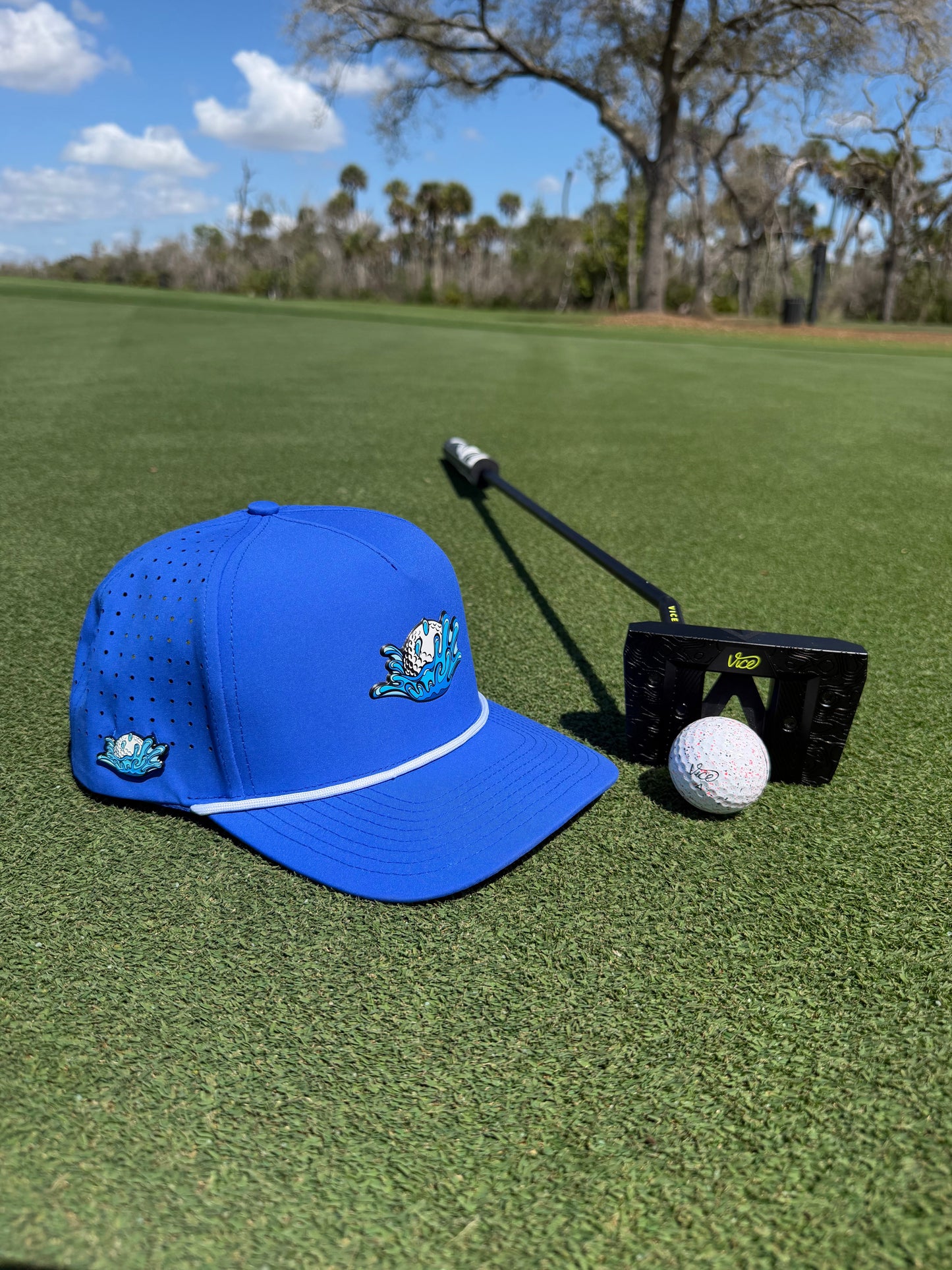 Water Ball Golf Hat | Snapback Cap | Built-in Magnetic Ball Marker Holder + Marker Included | Adjustable Blue