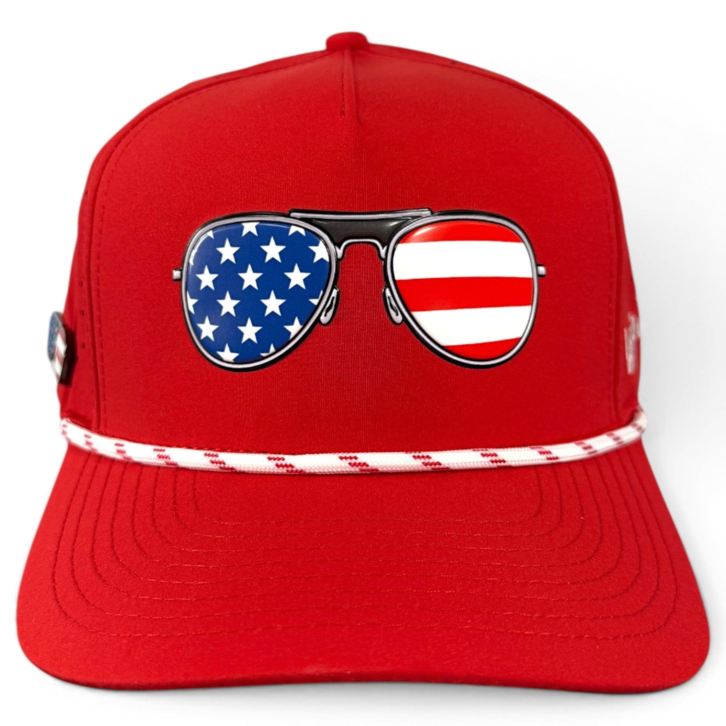 Red, White & View Golf Hat | Snapback Cap | Built-in Magnetic Ball Marker Holder + Marker Included | Adjustable USA Shades