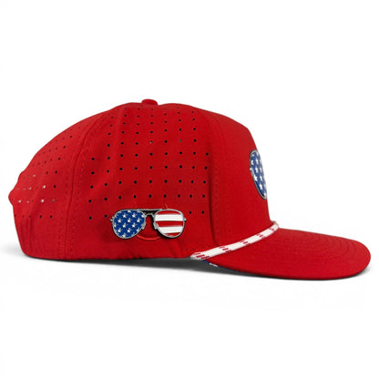 Red, White & View Golf Hat | Snapback Cap | Built-in Magnetic Ball Marker Holder + Marker Included | Adjustable USA Shades