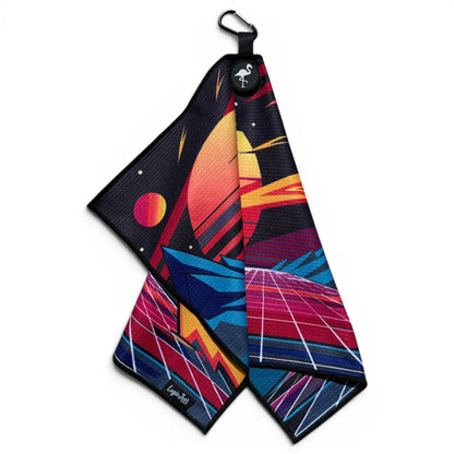 Retroscape Golf Towel | 24” x 16” Microfiber Towel | Magnetic Clip & Carabiner | Premium Golf Accessory | Sunset Mountain Drive