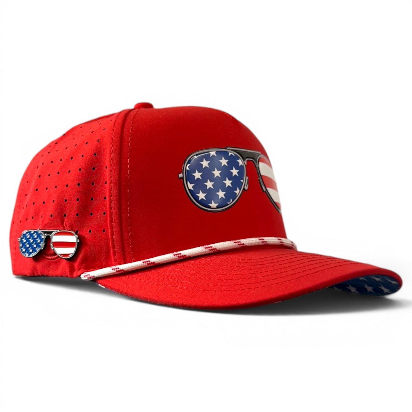 Red, White & View Golf Hat | Snapback Cap | Built-in Magnetic Ball Marker Holder + Marker Included | Adjustable USA Shades
