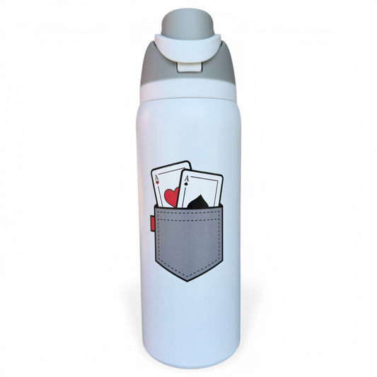 Pocket Aces Hydration Bottle | 32oz Insulated Stainless Steel | Flip Straw Lid w/ Handle