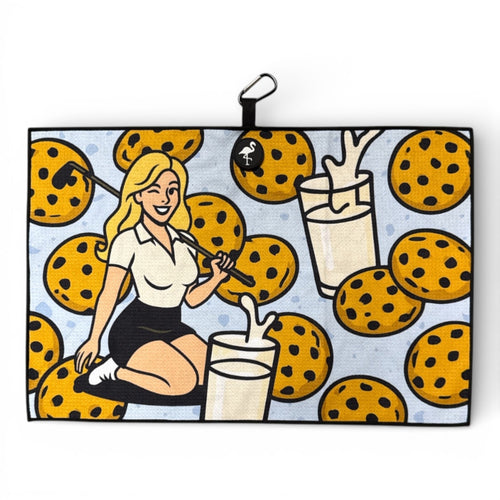 Milk & Cookies Golf Towel | Premium Double-Sided Microfiber | Heavy-Duty Magnetic Towel with Carabiner Clip | 24 x 16 in | Cart Girl