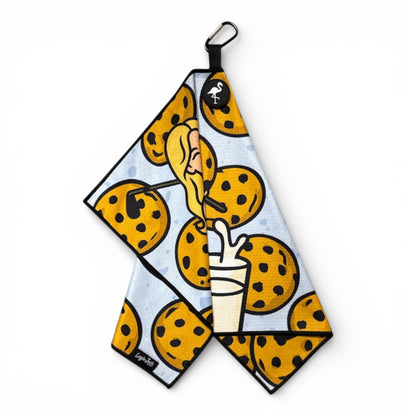 Milk & Cookies Golf Towel | Premium Double-Sided Microfiber | Heavy-Duty Magnetic Towel with Carabiner Clip | 24 x 16 in | Cart Girl