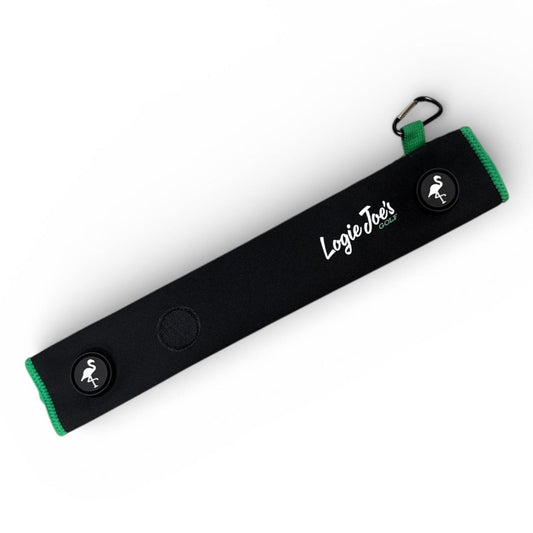 Black/Green Magnetic Golf Cart Strap Sleeve | Neoprene Rubber | Dual Accessory Magnets | Glove Holder | Carabiner Bag Attachment | 18.5 x 3.5 in